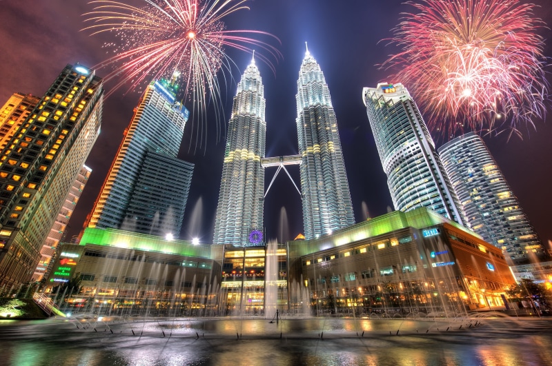 fireworks, cityscape, 4K, Petronas Towers, Kuala Lumpur, Malaysia