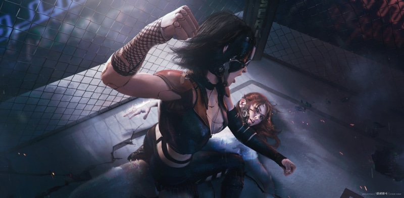 Tian Zi, fighting, digital art, battle, artwork, cyberpunk, fantasy girl, science fiction, 1080P, cyborg
