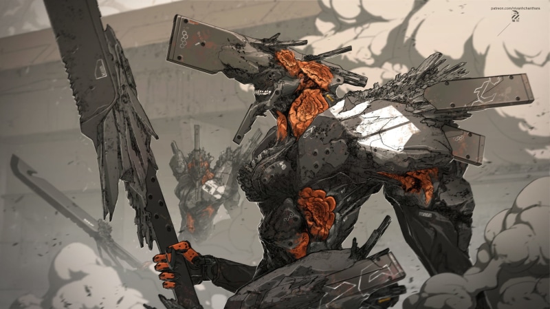 digital art, drawing, fantasy art, original characters, Nivanh Chanthara, Eva, artwork, 2D, smoke, mech, armor, depth of field, illustration, creature