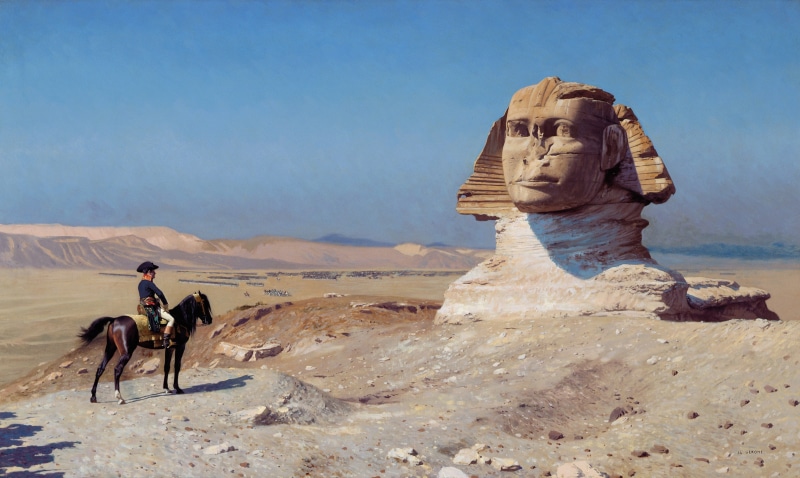 sculpture, outdoors, people, sand, land, desert, riding, nature, Jean-Léon Gérôme, one animal, artwork, army, real people, landscape, mammal, Napoleon Bonaparte