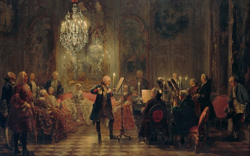 prussia, king, Piano, Musicians, artwork, Concerts, 1080P, Classic Art, Oil Painting, Flute, painting, Chandeliers, candles