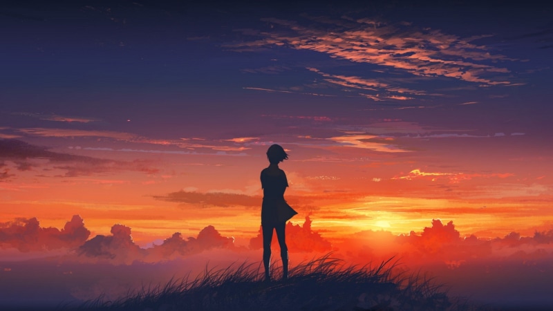 anime, sky, Der Wanderer über dem Nebelmeer, nature, sunlight, 1080P, clouds, anime girls, sunset