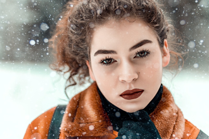 snowflake, one person, brown, outdoors, hair, fashion, portrait, beautiful woman, warm clothing, fur, blizzard, coat, snowing, 4K, women, teenager, beauty
