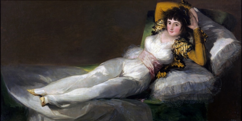 woman, costume, young adult, fantasy, adult, portrait, women, fashion, francisco de goya, clothing, lounge, looking, indoors, 1803, painting, beauty, celebration