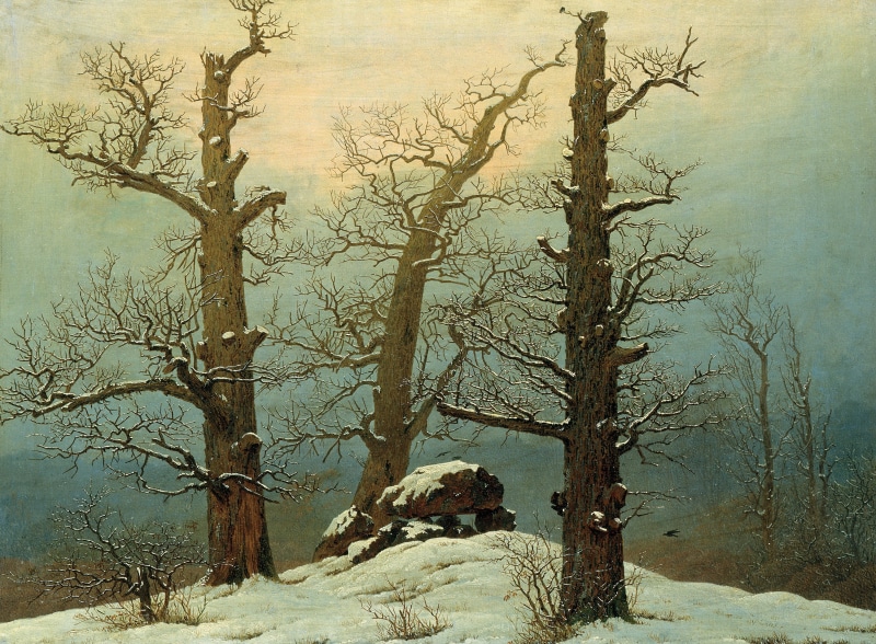 Dolmen in the Snow, Caspar David Friedrich, 4K, trees, picture, winter, stones, landscape