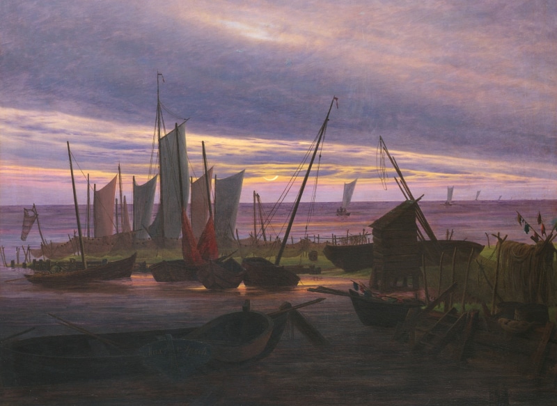 seascape, sail, Boats in the Harbor in the Evening, 1080P, Caspar David Friedrich, picture