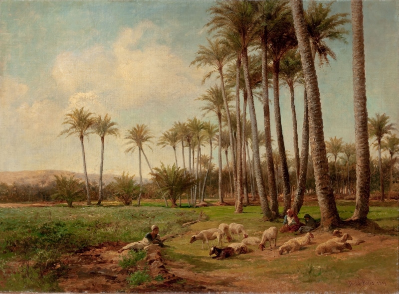 scenic, group of animals, outside, no people, artistic, clouds, painting, palm tree, animal themes, oil on canvas, people, land, oasis, animal, trees, david bates