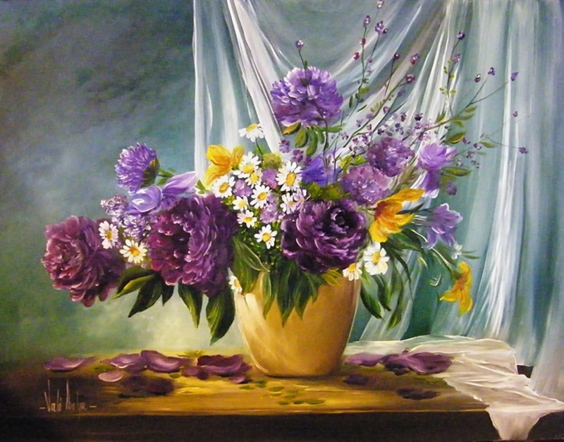 flowers, purple, close-up, bunch of flowers, painting, menstruation, arrangement, beauty in nature, variety, vase, 1080P, freshness, fragility, table