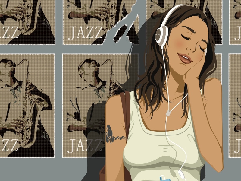 vector, leisure activity, wall - building feature, standing, illustration, people, top, beautiful, tank, women, young Adult, beauty, females, jazz, headphones