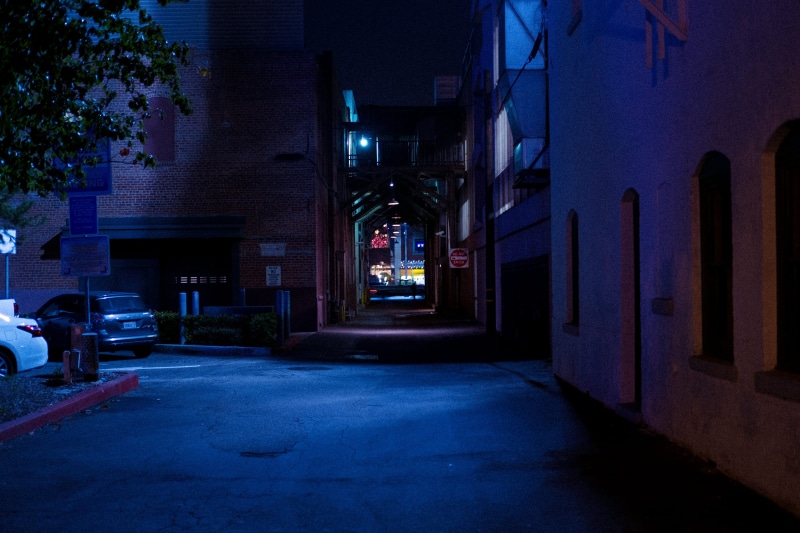 transportation, dark, dusk, street, 4K, building exterior, footpath, outdoors, street light, tree, built structure, light, night, the way forward, illuminated