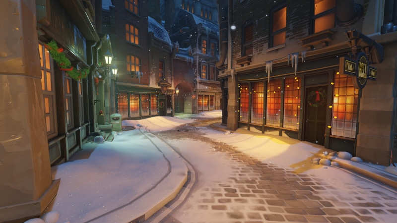 Overwatch, reflection, window, footpath, city, KINGSROW, residential district, built structure, Christmas, outdoors, building exterior, the way forward