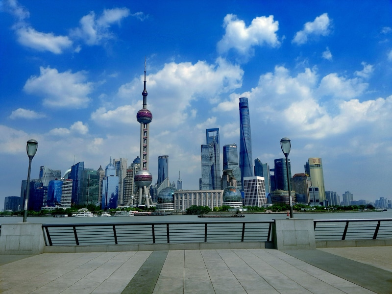 Shanghai, 5K, no people, huangpu river, urban skyline, blue sky, building, nature, white cloud, summer, modern, outdoors, landscape, travel destinations