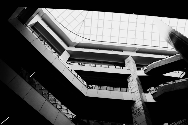 costanera, sky, building exterior, glass - material, built structure, window, black and white, up, ceiling, railing, clear sky, black, white, office building exterior