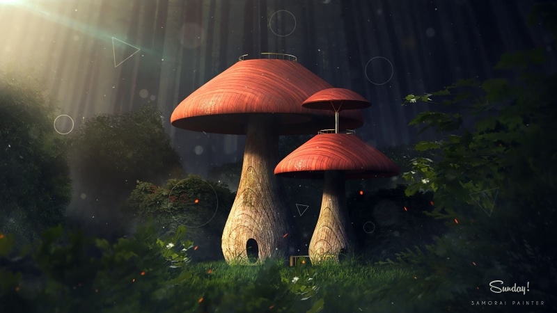 mushroom, architecture, black, electric lamp, wet, orange color, leaves, digital art, built structure, nature, no people, triangle, red, forest, security