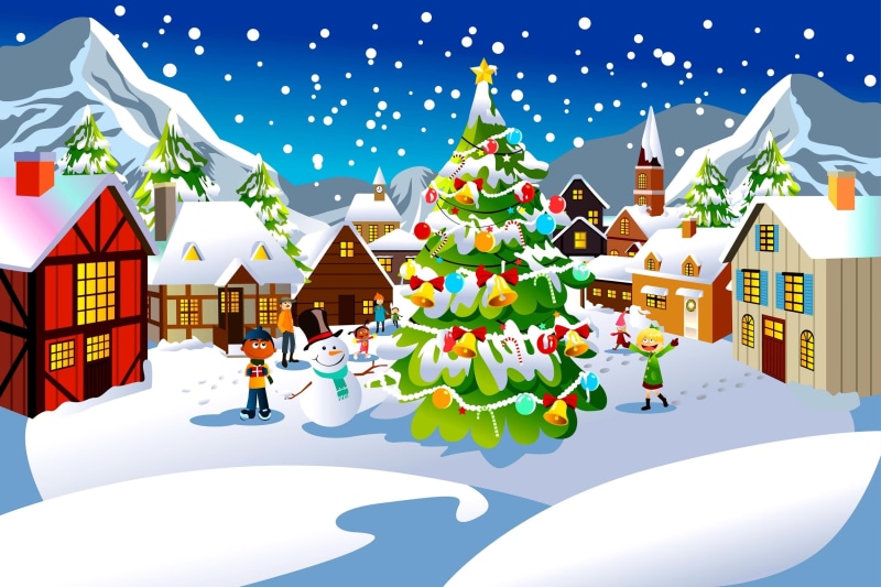 1080P, town, children, xmas, christmas, snow, village, kids, joy, houses, 3d and abstr, christmas tree, winter