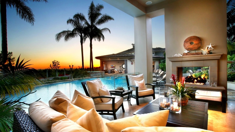 chair, nature, table, tropical climate, pool, wooden, coffee, wealth, plant, sofa, seat, swimming pool, brown, 2K, building, hotel, furniture, indoors