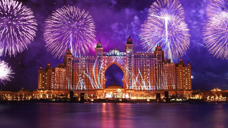 nature and landscapes, atlantis, hotel, dubai, palm, lights, fireworks, 1080P