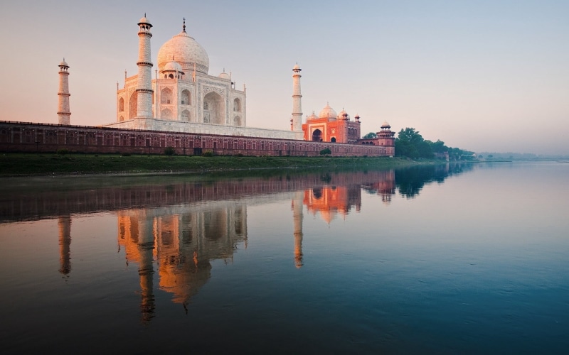 outdoors, agra, minaret, marble, mughal Empire, belief, religion, tomb, indian Ethnicity, monument, reflection, sunrise - Dawn, spirituality, lake, nature