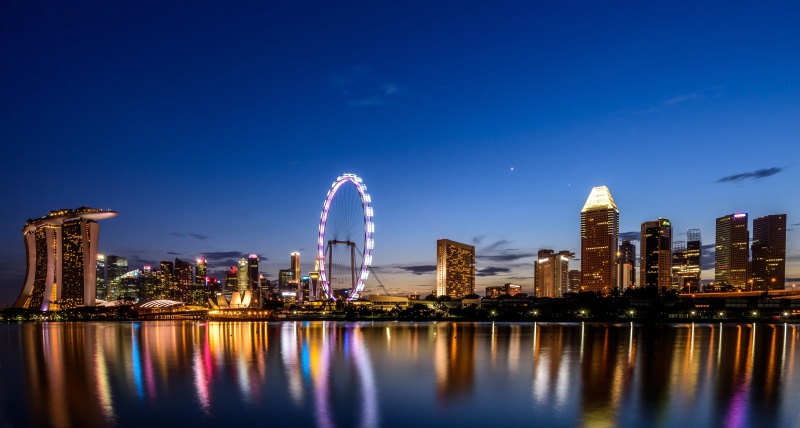 dusk, 5K, night city, city Life, singapore, sky, famous Place, building, eye, sunset, travel, no People, modern, blue, water, built Structure, urban Scene
