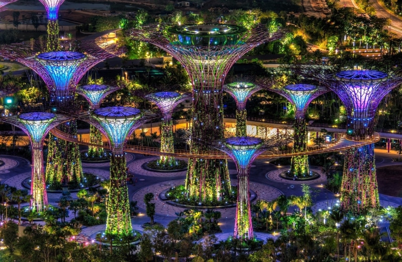 outdoors, built structure, architecture, multi colored, tree, light, city, decoration, 1080P, plant, lighting equipment, hanging, Cities, glowing, ornate