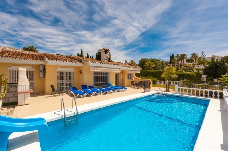 outdoor, vacation, relaxation, plant, spain, 1080P, cloud - sky, holiday, poolside, estate, sun, swimming, nature, blue, rectangular, villa, built structure