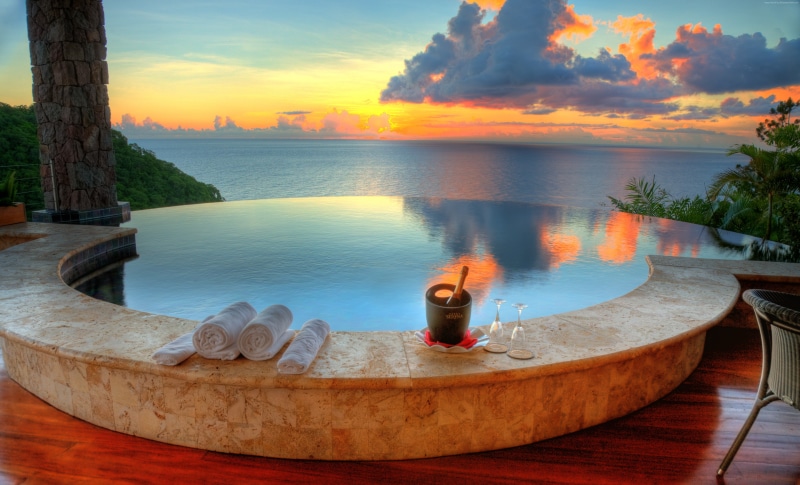 resort, ocean, sky, The best hotel pools 2017, Saint Lucia, Jade Mountain Resort, clouds, sunset, pool, sunrise, 5K, travel, vacation, tourism