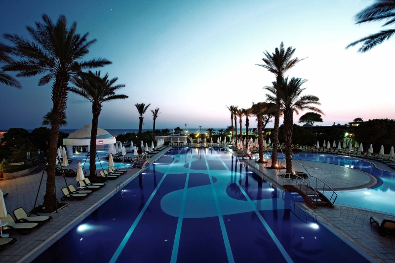 travel, poolside, tree, water, Limak Atlantis De Luxe Hotel, luxury, tourism, lounge chair, tropical climate, sunbed, blue, nature, swimming pool, 2K