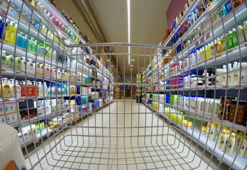 Expense, shopping, variation, choice, merchandise, retail, shelf, consumerism, large group of objects, food and drink, soap, flooring, aisle, cart, illuminated