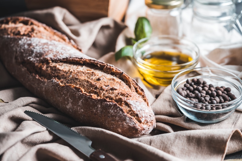 bread, wellbeing, olive oil, baking, plant, foodie, close-up, herb, 4K, homemade, brown bread, country, bakery, baked, no people, top, kitchen, table