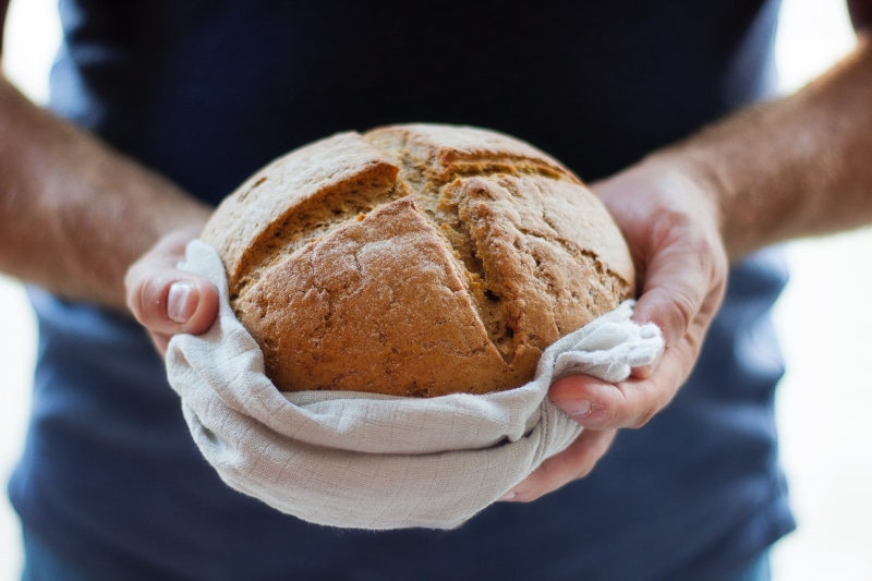 bread, hand, food, occupation, freshness, indoors, fresh, bake, 5K, baked, hands, breakfast, human body part, adult, chef, midsection, loaf of bread, close-up