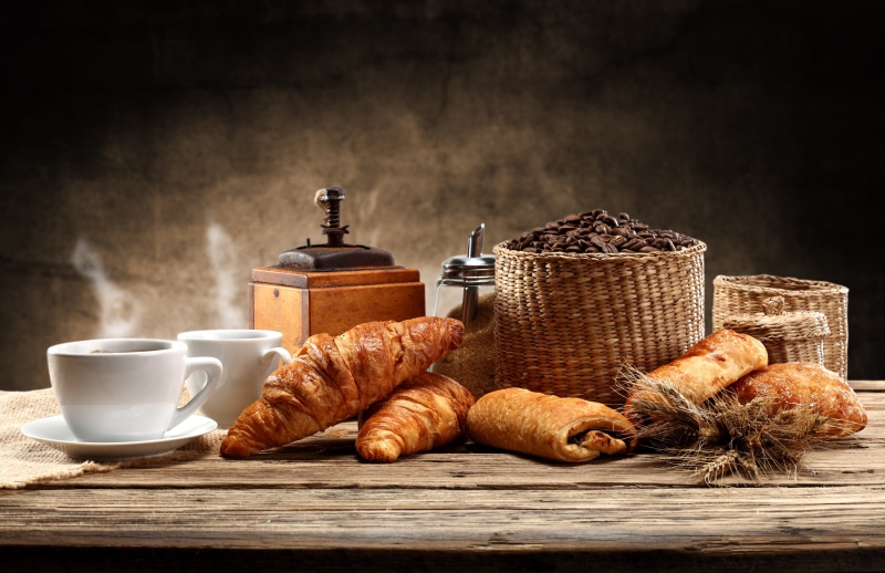 old-fashioned, rustic, pastry Dough, french food, coffee, pastry, smoke, caffeine, basket, coffee grinder, cups, morning, baked, indoors, black background