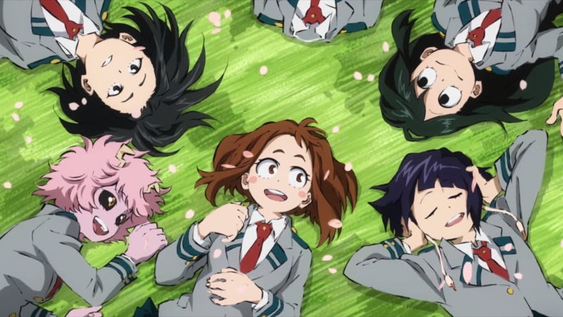 brown, table, mammal, haired, high angle view, girl, green color, Momo Yaoyorozu, day, mouth open, emotion, leaf, close-up, My Hero Academia, Tsuyu Asui