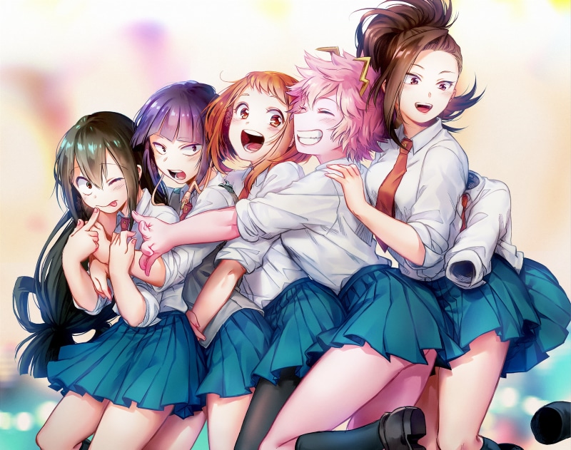 hugging, anime girls, Uraraka Ochako, colorful, Hagakure Tōru, 2K, happy, skirt, Boku no Hero Academia, Yaoyorozu Momo, Asui Tsuyu, Ashido Mina, pink hair