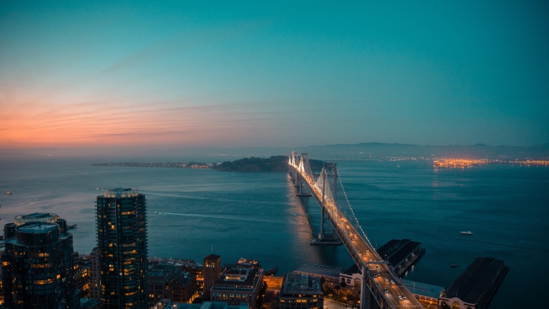 city, cityscape, morning, dusk, water, sunset, 4K, ocean, sky, oakland, skyline, sea, horizon, body of water, bridge, oakland bay, buildings, california