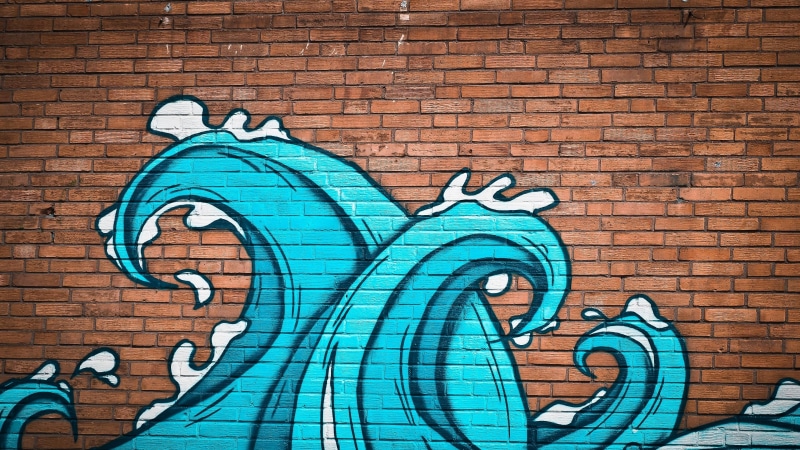 wall, paint, built structure, pattern, representation, multi colored, blue, building exterior, wall - building feature, waves, architecture, no people