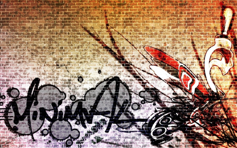 art and craft, street art, built structure, mural, text, building exterior, western script, messy, 1080P, full frame, brick, communication, brick wall