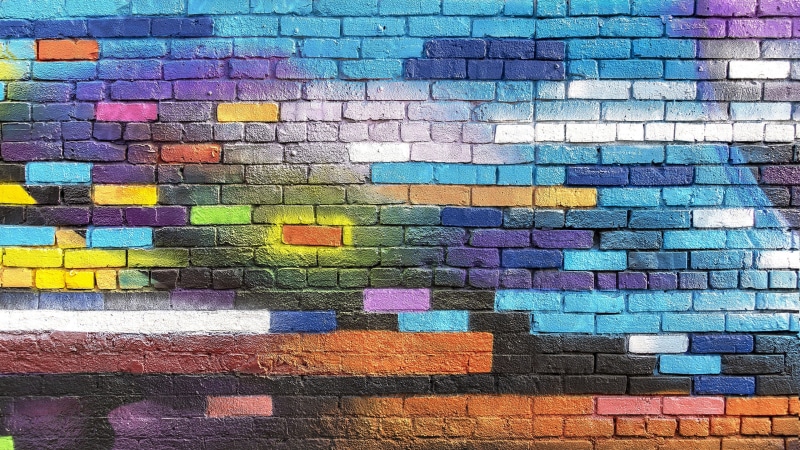 wall, material, 4K, pattern, art, brick, brickwork, street art, purple, graffiti
