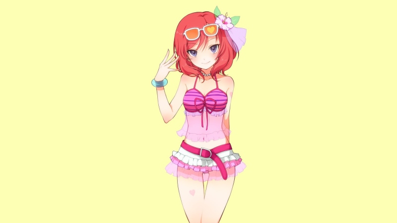 anime, studio shot, one person, blond hair, Nishikino Maki, fun, adult, beautiful woman, clothing, hair, young women, summer, fashion, yellow, anime girls