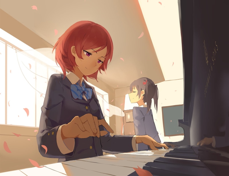 Nishikino Maki, technology, girl, table, 1080P, two, window, women, two people, females, Love Live!, Yazawa Nico, sunlight, occupation, business, adult
