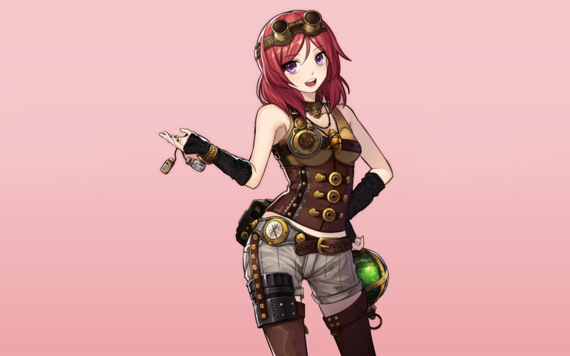 indoors, women, beautiful woman, hairstyle, 720P, studio shot, standing, gun, Love Live!, red, adult, lifestyles, one person, front view, Nishikino Maki