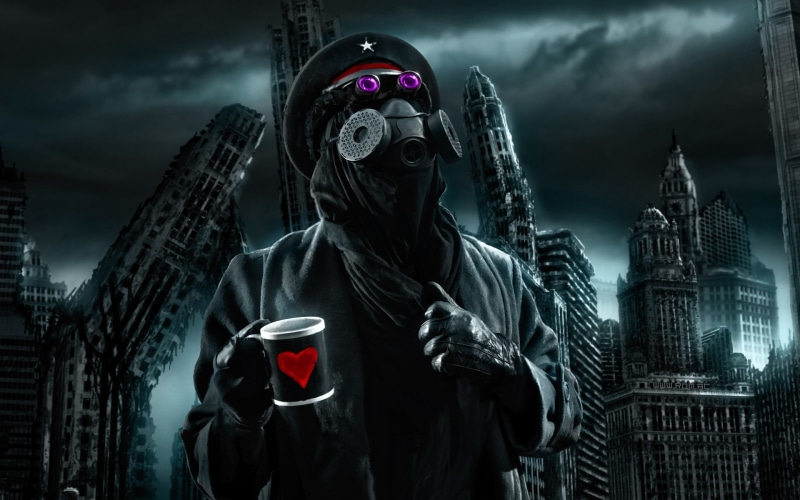 destruction, a gas mask, heart, the apocalypse, apocalyptic, romantically, cup, captain, 1080P