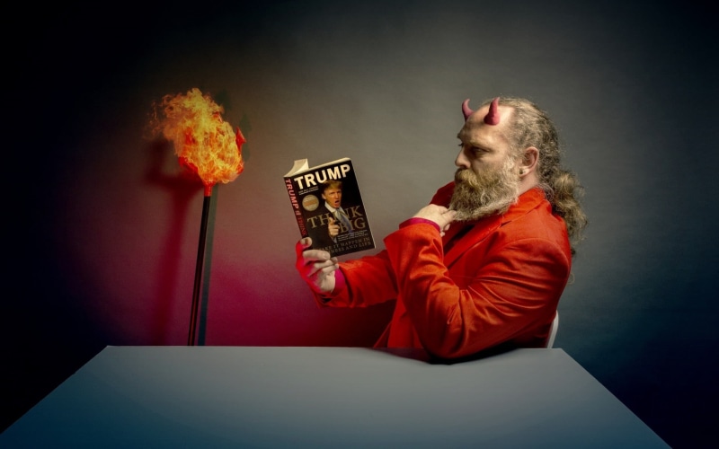 table, facial hair, beard, suit, vignette, food and drink, Donald Trump, chair, Devil, mature adult, 1080P, red, adult, s, one person, aggression, men