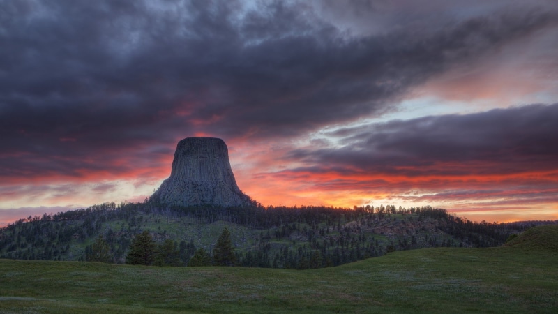 devil, tower, sunsets, sunset, nature, art, Wyoming, 1080P, hd