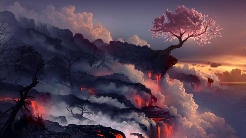 smoke, 1080P, sunset, Landscapes, trees, art, drawings, volcanoes, artwork, nature, lava, cherry, sunsets, sea, rocks, blossoms, x, hd