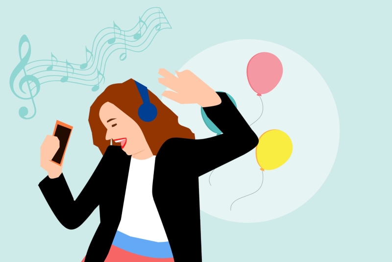 business, hand, waist up, happy, busy, entertainment, hair, headphone, businessman, listening, dance, dancing, business person, communication, women, technology
