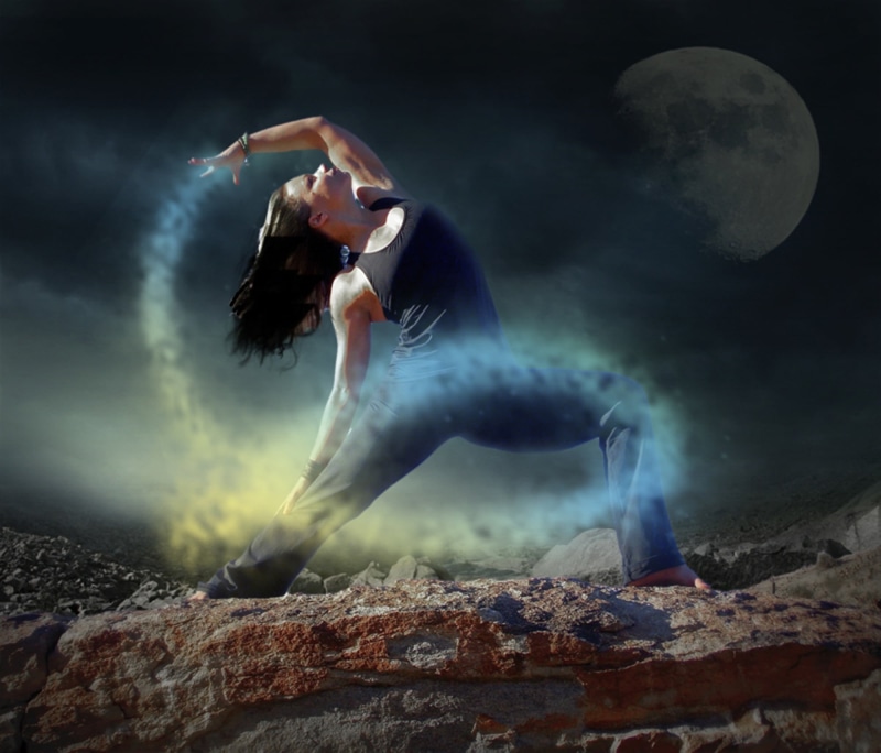 time, surreal, inspiration, scene, girl, people, sport, bending, swirl, tank, mystic, yoga, black, rocks, moon light, elegance, smoke - physical structure