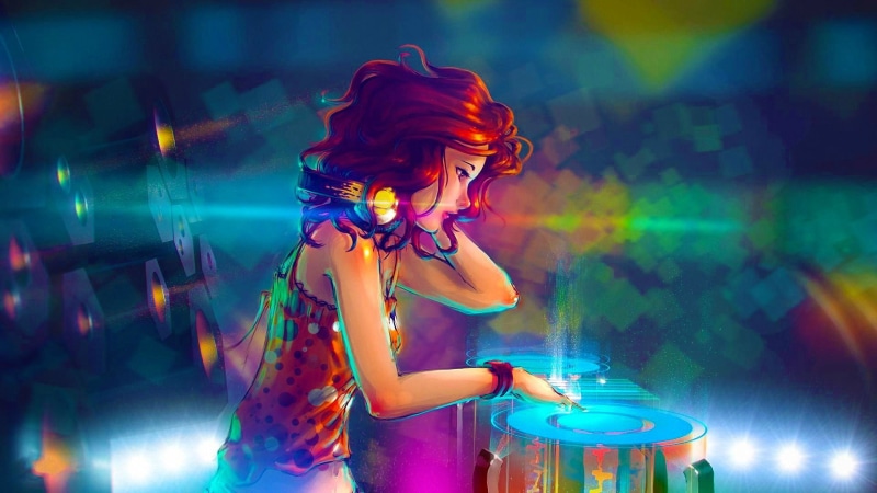controller, illustration, women, beautiful woman, illuminated, arts culture and entertainment, DJ, happiness, music, multi colored, beauty, clothing, young adult