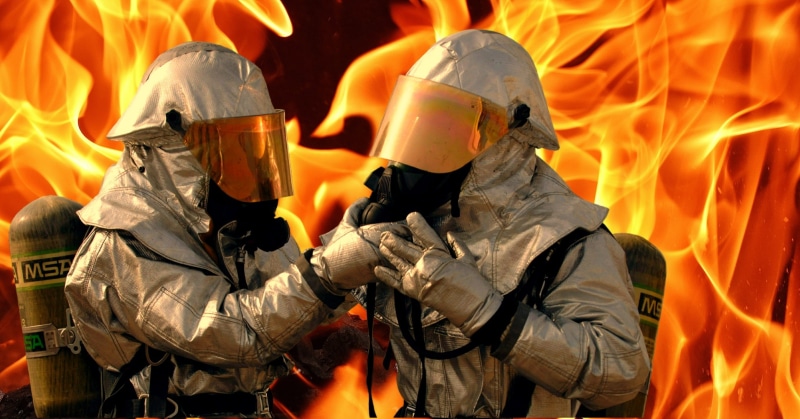 burning, headwear, fire, two, dangerous, monitor, protection, protective workwear, equipment, fire fighter, flame, rescue, helmet, training