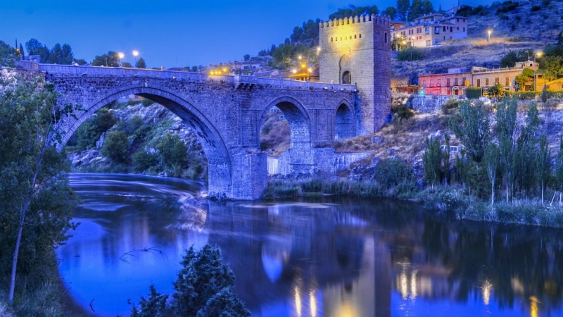 landmark, tree, night, san martins bridge, evening, blue landscape, reflection, toledo, tourist attraction, bridge, nature, sky, 1080P, spain, river, water