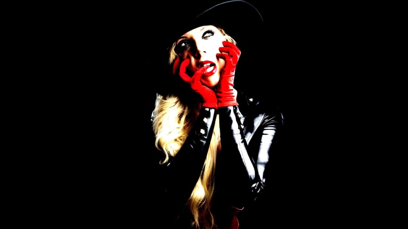 red lipstick, simple background, Maria Brink, In This Moment (Band), women, gloves, blonde, 1080P